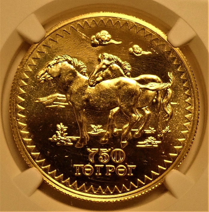 モンゴルで1976年に発行された750トゥグリル金貨(通常貨)、KM-38