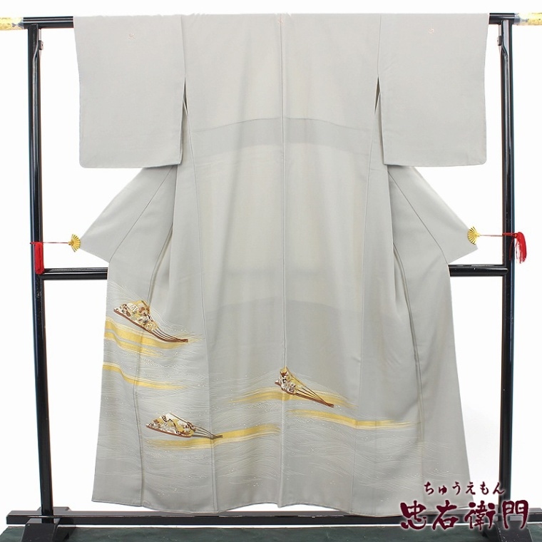 中古】 色留袖 訪問着仕立て レディース 正絹 灰 金 流水 扇 身丈158cm