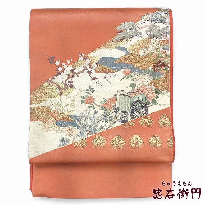 中古】 袋帯 蘇州刺繍 リサイクル レディース 正絹 桃 御所車 刺繍 長