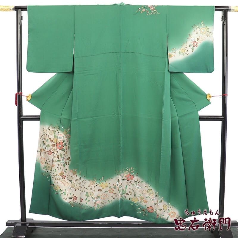 中古】 訪問着 レディース 正絹 緑 豪華 身丈155.5cm 裄丈66.5cm