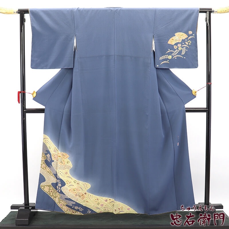 中古】 付下げ 付け下げ 附下 レディース 正絹 灰青 部分絞り 辻が花