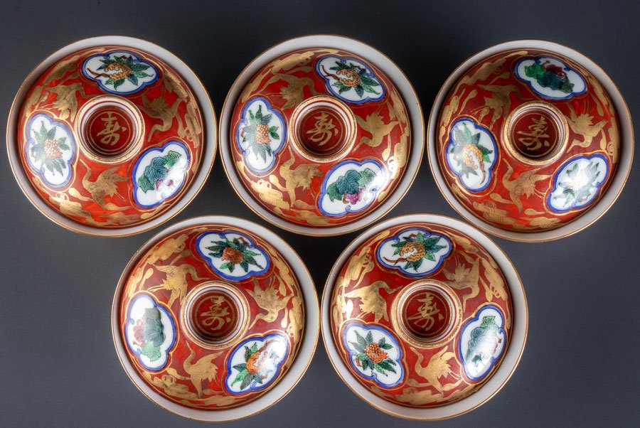 九谷焼】 九谷峰仙 赤絵金彩雲鶴柘榴文蓋茶碗 5客 16787 | すべての