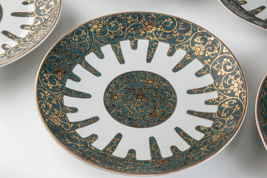 水墨画 掛軸 風景画 九谷焼 タッセル セット 青粒 渦打青粒金唐草 水墨画