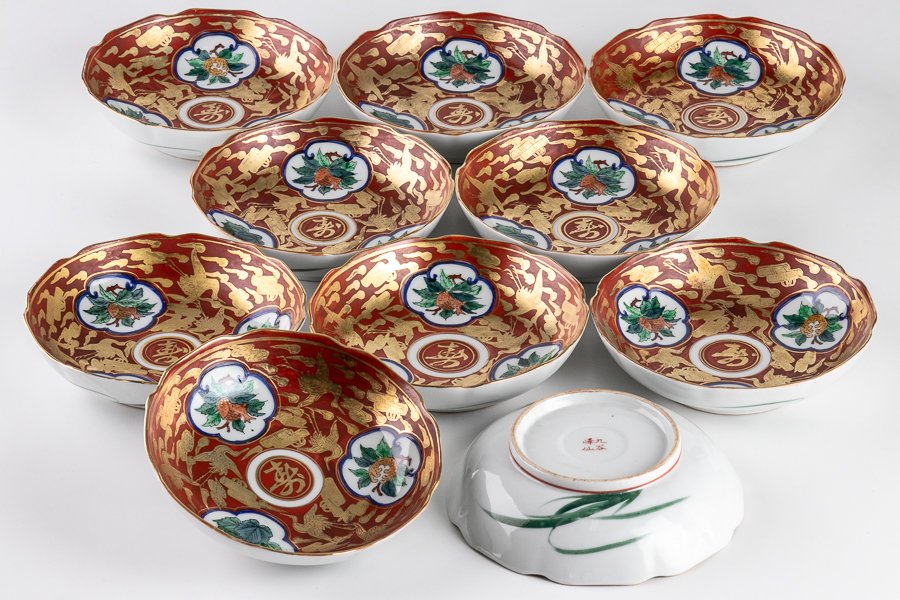 九谷焼 春仙作】金彩色絵大皿 三面構図 共箱付 萬延元年 銘 中嶋屋喜右