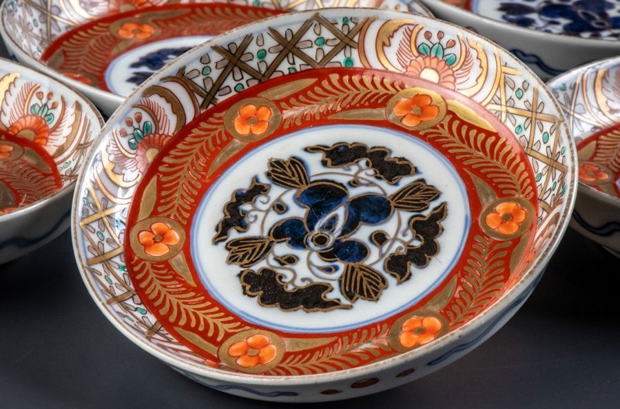 伊万里焼染付扇子に花図なます皿4枚 [B26030] 伊万里焼染付扇子に花図