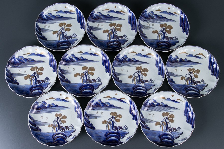 江戸、古伊万里、瑠璃、金彩窓絵、特大、楼閣山水図。無傷！ 江戸、古