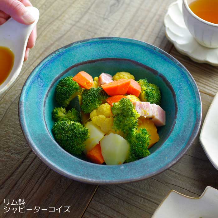 リム鉢 シャビーターコイズ 益子焼 やさしい器 ボウル 鉢 ふち付き