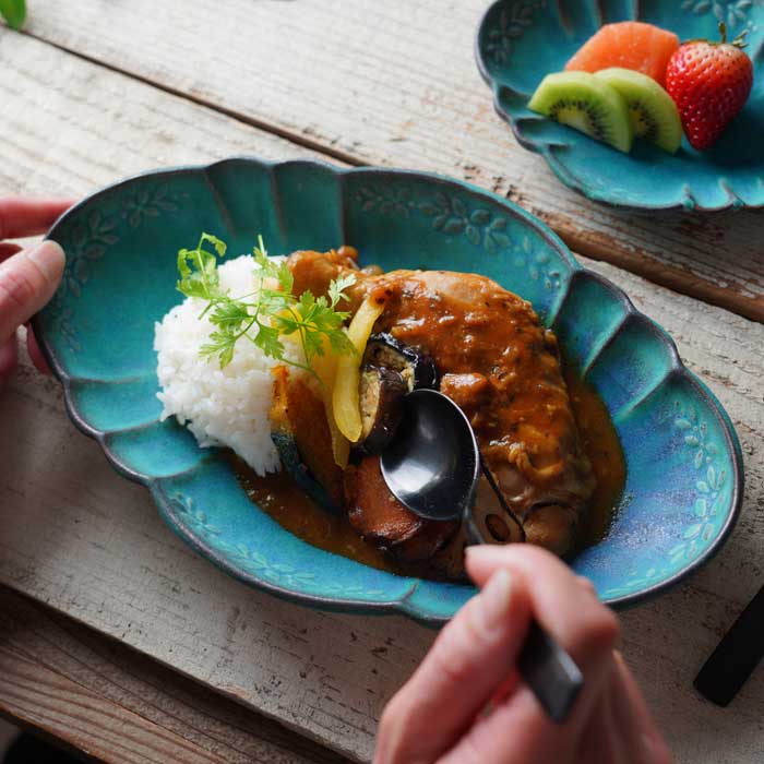 益子焼 ラビエ 浅鉢（大） シャビーターコイズ / シンデレラシリーズ