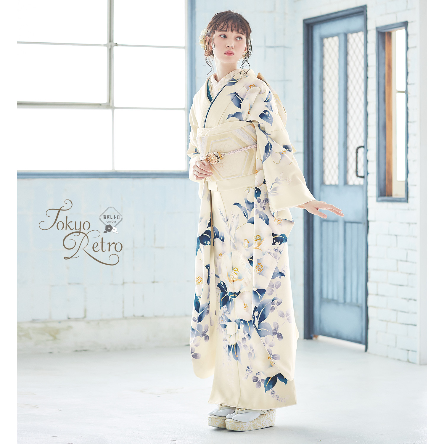 東京レトロ オフホワイト 椿（【振袖・袋帯・長襦袢のセット商品です