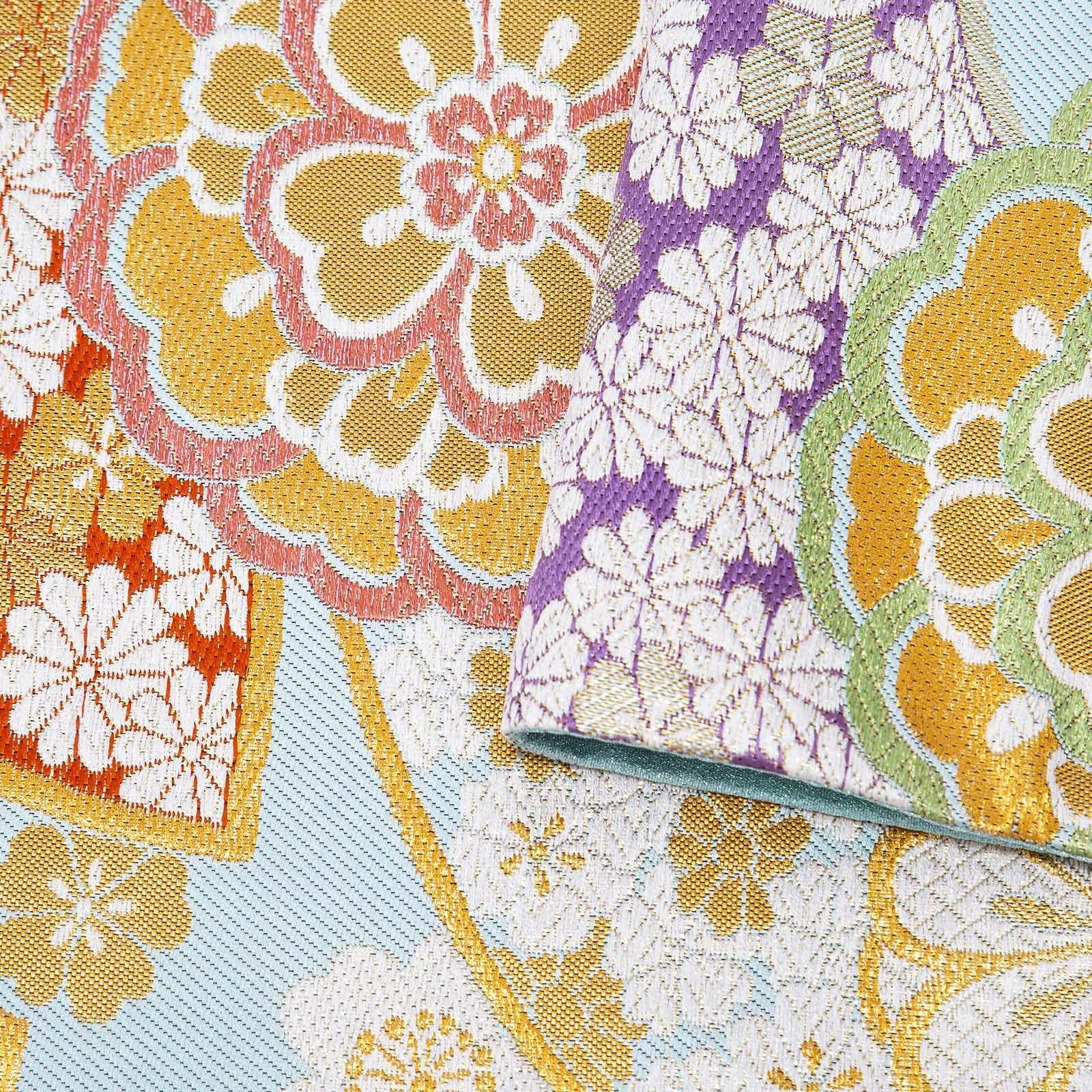 袋帯 薄水色 扇に花 西陣織 証紙番号2362 大光株式会社謹製 六通柄