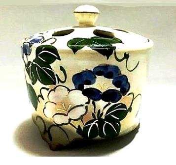 絶品！清水焼香炉☆手描きオーダー発注品◇水色地×ダリア 絶品！清水焼