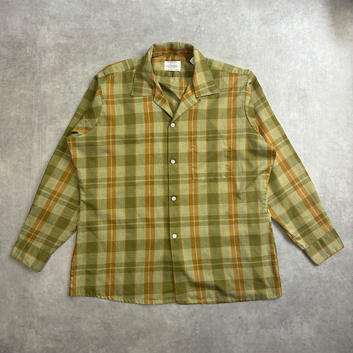 VINTAGE 60's ARROW DECTON PERMA IRON OPEN COLLAR LONG SLEEVE CHECK