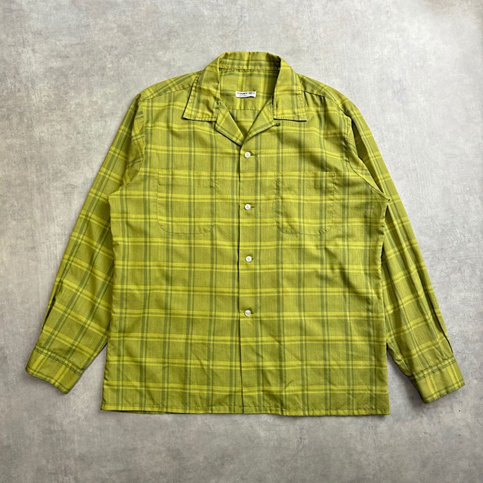 VINTAGE 60's PERMANENT PRESS OPEN COLLAR LONG SLEEVE SHIRT GREEN/L