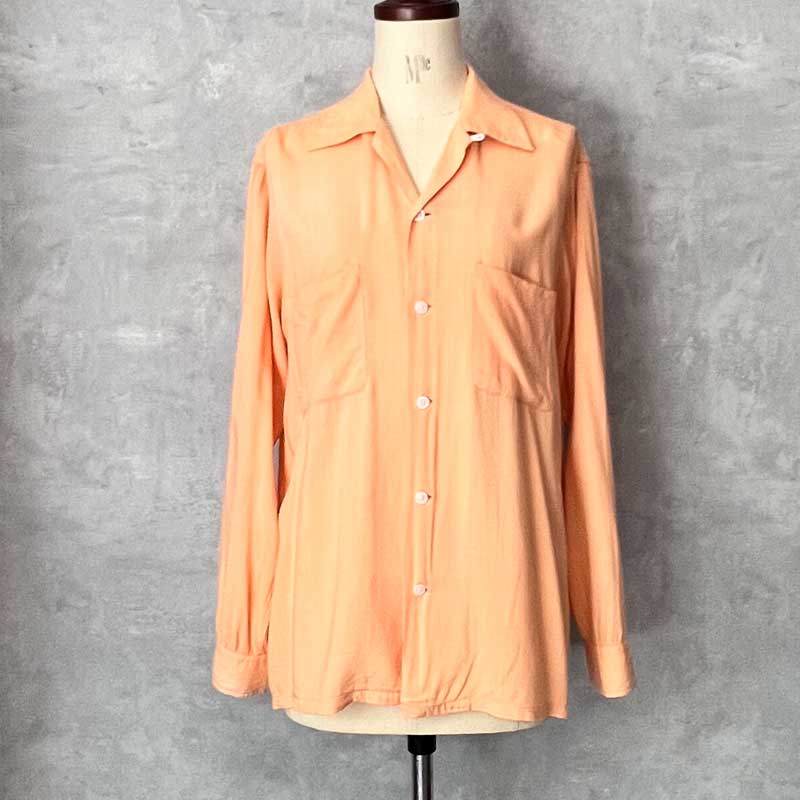 60'S DONEGAL Open Collar Long Sleeve Rayon Shirts SALMON PINK/L 60