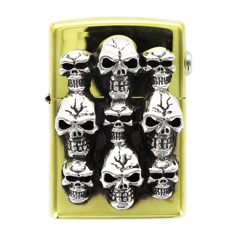 BRASS ZIPPO LIGHTER WITH SILVER SATCKED SKULLS | ジッポ