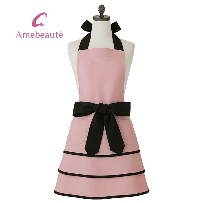 Lサイズ】ロータスピンク＆ブラックティアードフレアーエプロン ATFR40