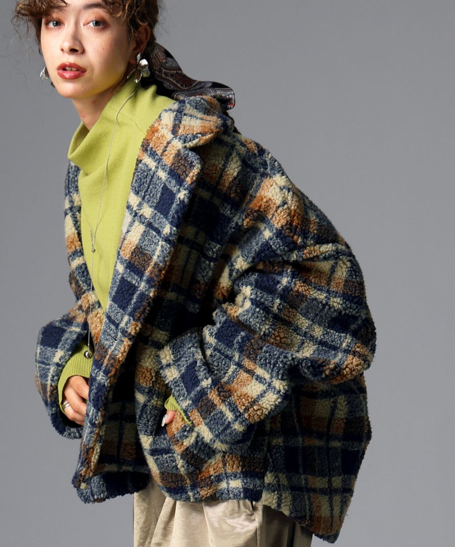 チェック柄 ボアジャケット レディース ショート丈 送料無料・メール便