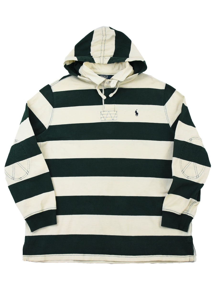 ラルフローレン 太ボーダー ラガーパーカー グリーン×生成り 表記(XL