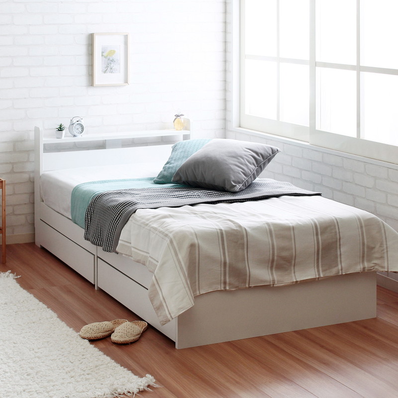 セミシングル】ショートベッド 隠せる収納付き 棚付き/スティナ【Stina