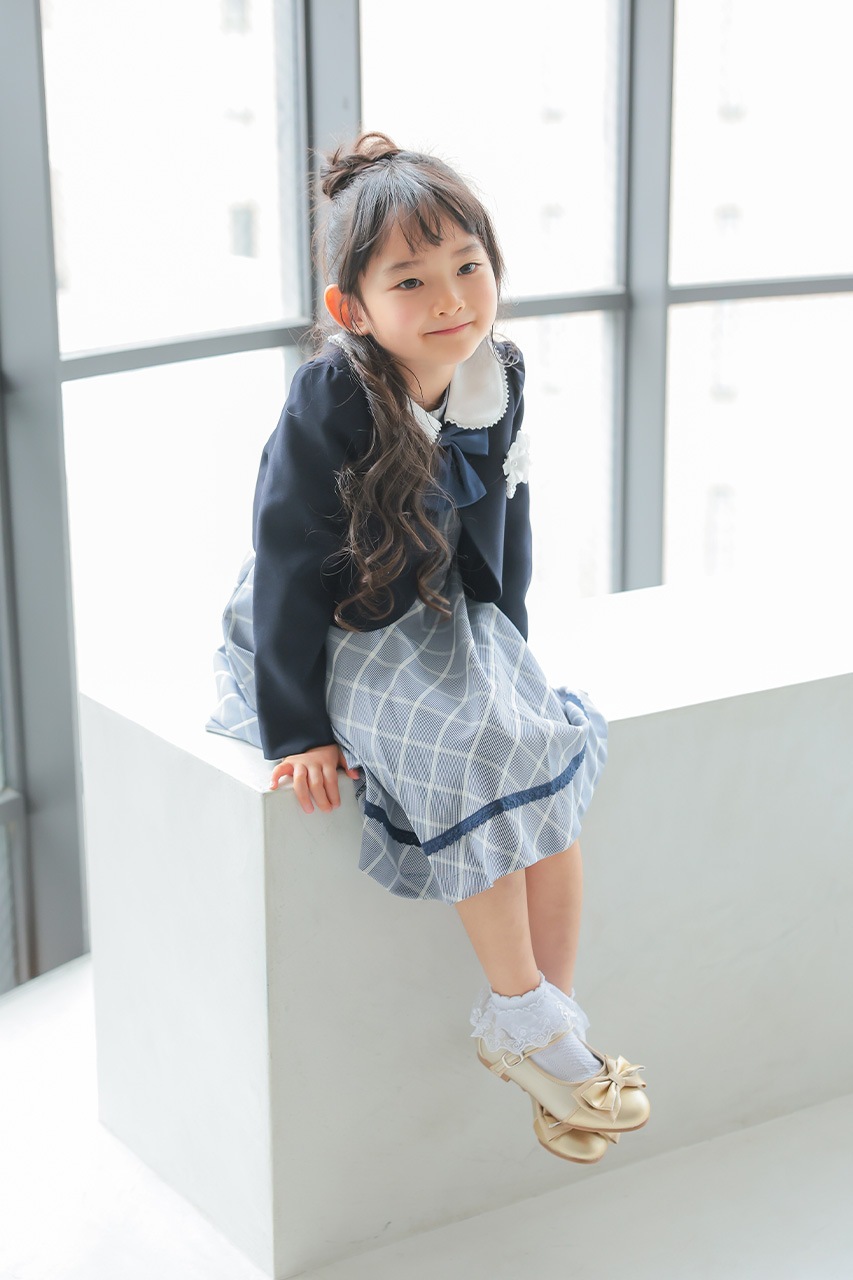 Girls リボン付きチェックワンピースアンサンブル 130cm(ワンピース