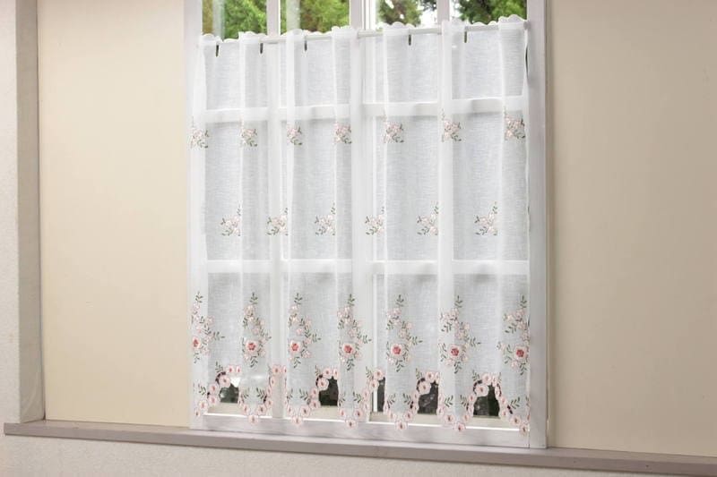 フラワー刺繍 カフェカーテン 約130×90cm｜インテリアレース・テーブル