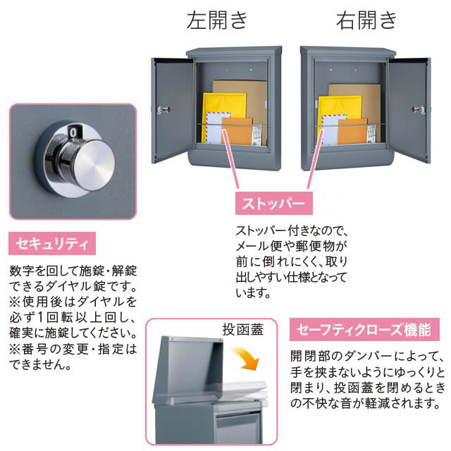 ユニソン 壁付けポスト Tela テラ II ダイヤル錠 右開きタイプ サテン
