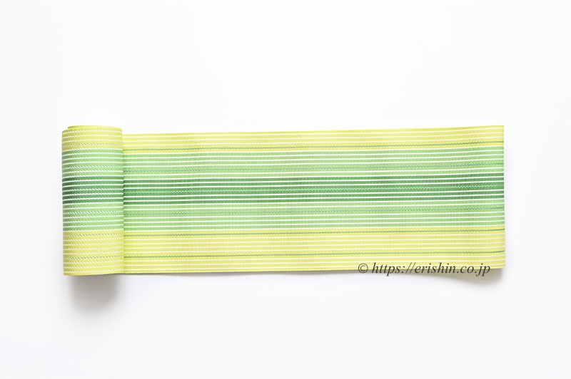 博多半幅帯（麻絹/若芽色に緑の縞）西村織物『着物・呉服えり新』
