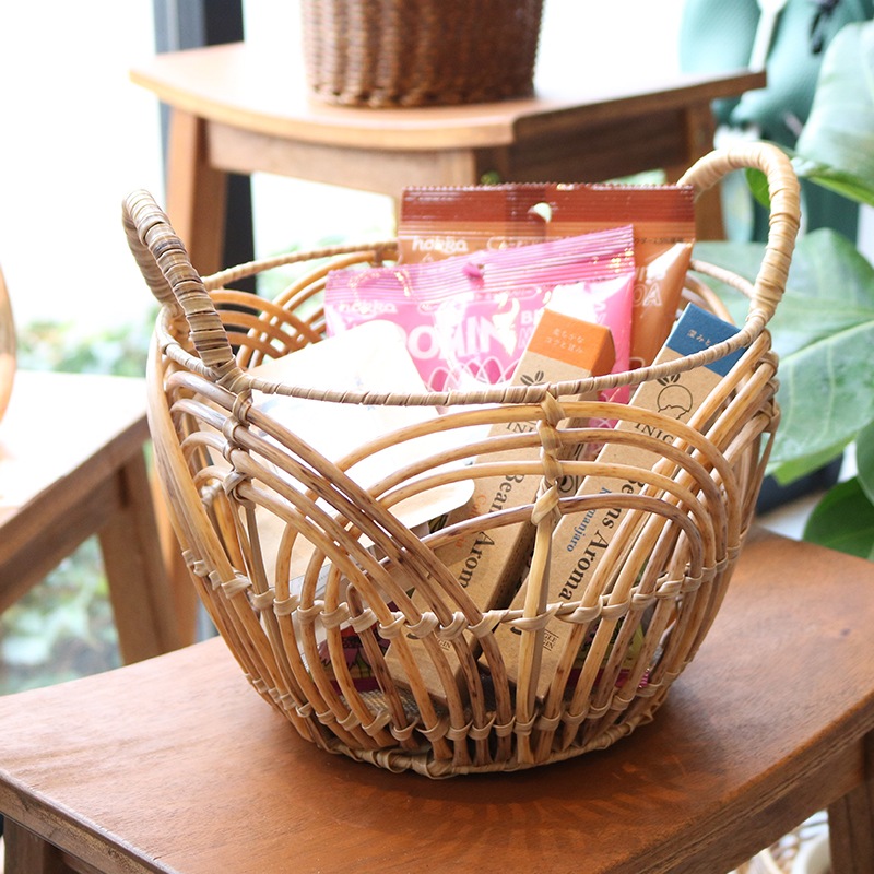 京都ヴィンテージ 竹の手編み ラウンドバスケット ビンテージ手編み竹