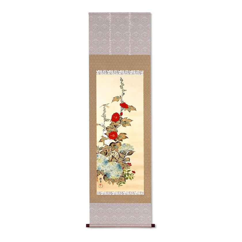 美品 掛け軸 長崎越葉作 紫陽花図 共箱 太巻き付 おもてなし 美品