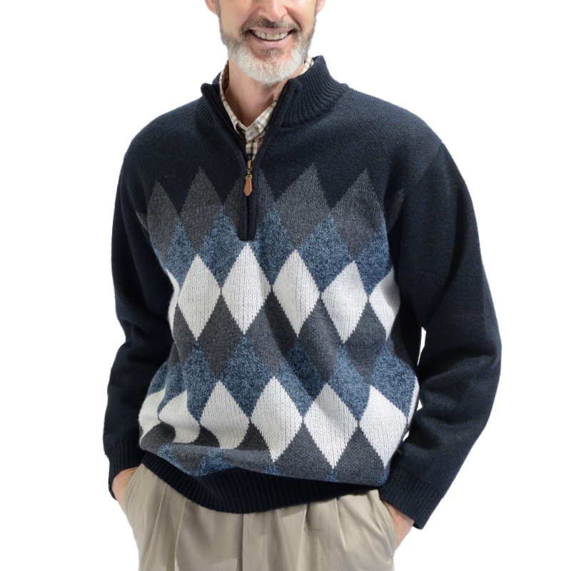 アーガイル柄 裏フリース ジップセーター 2色組 : ダンディクラブ 紳士