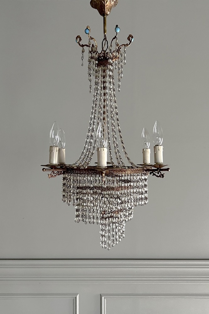 フレンチ アンティーク ターコイズ＆ビーズシャンデリア 6灯 6668