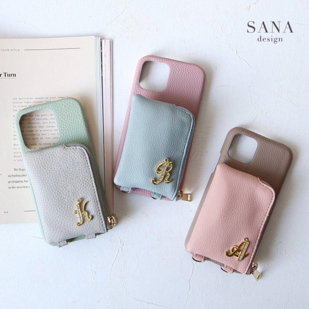 背面 ファスナー ポケット ゴールドイニシャル」iPhoneケースカバー14