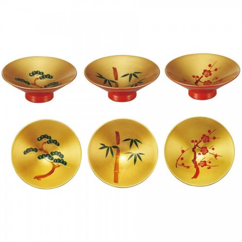 会津漆器 朱内金地 2.7 扇型 三ツ組盃 松竹梅（漆） | 酒器 | 伝統工芸