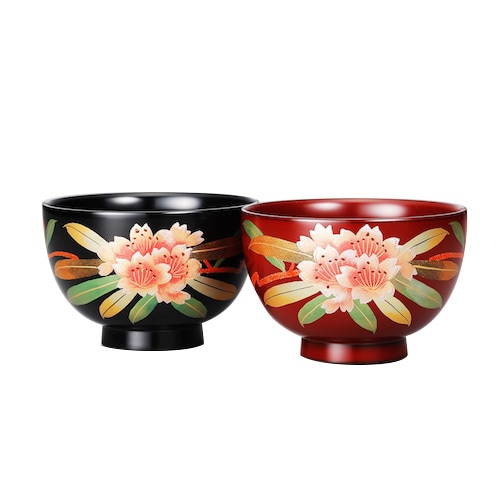 会津漆器 黒・銀朱 3.6 夫婦椀 手描き石楠花 | 食器 | 伝統工芸品