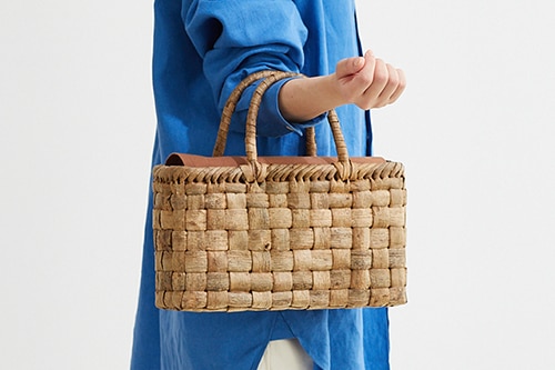 太ひごのくるみ籠(国産材/表皮/市松編み/横長/中サイズ/柿渋染ふた・内