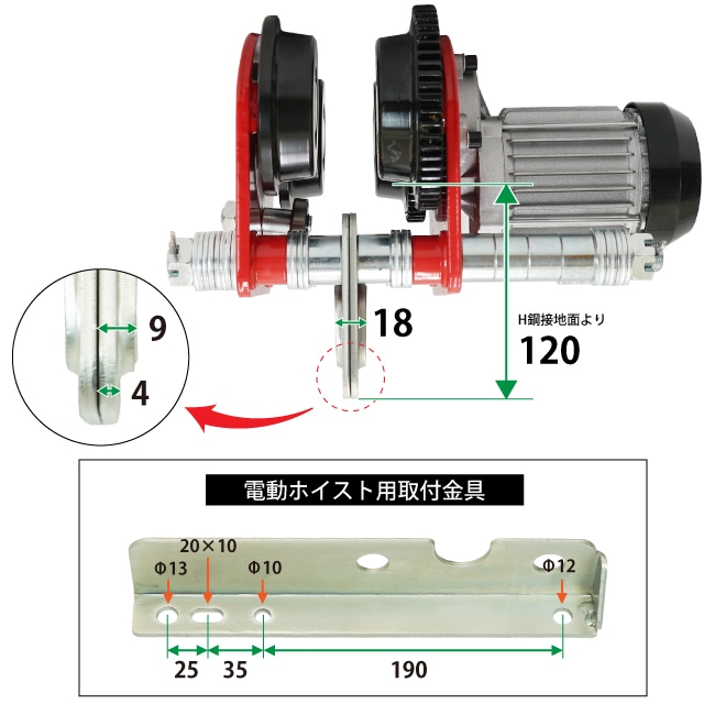 電動トロリー 1000kg ロングシャフト ビーム幅 68〜200mm 幅広 電動