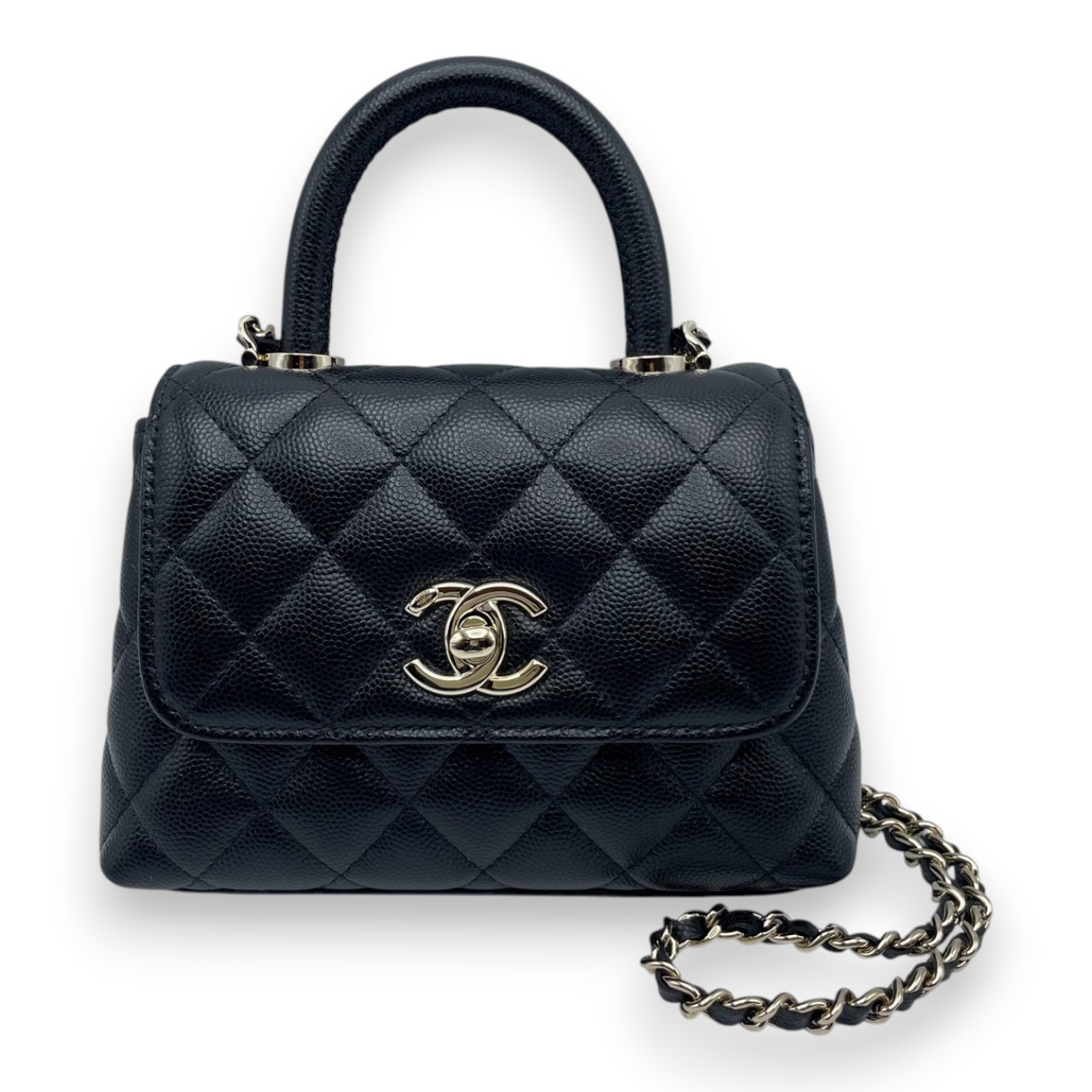 シャネル ココハンドル W14.5 ブラック キャビアスキン ゴールド金具