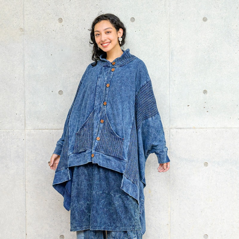コットンニット藍染ストーンウォッシュポンチョアウター｜マライカ公式通販
