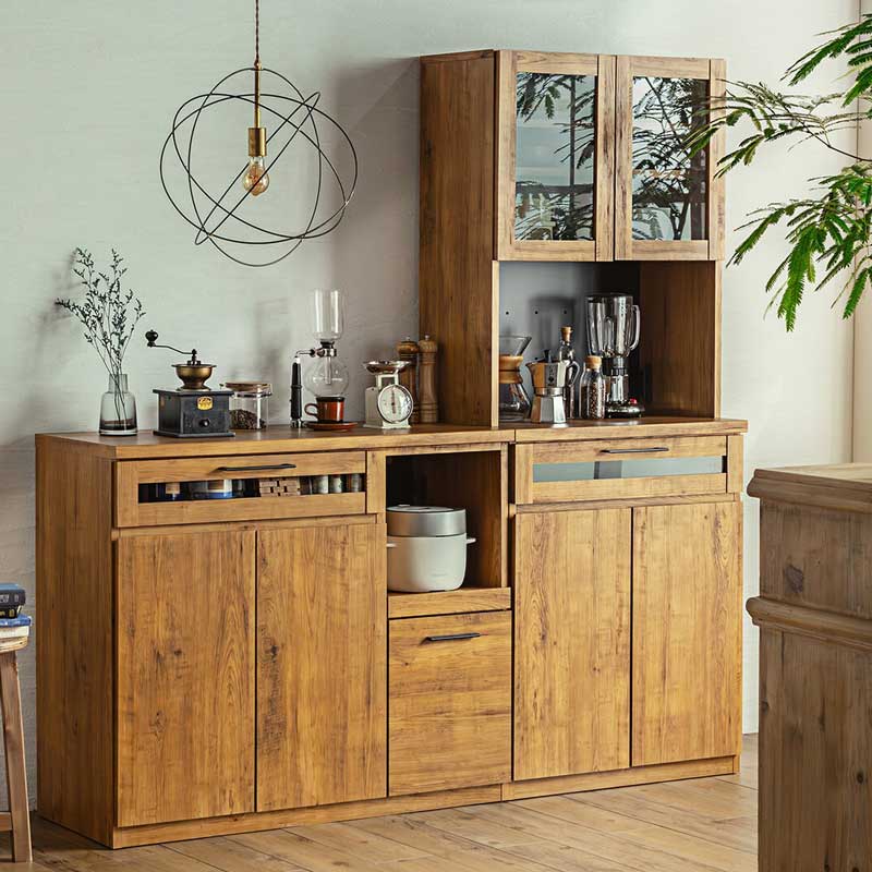 天然木の風合い引き立つビンテージ調キッチンボード｜幅70cmの上質収納