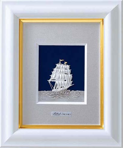 武比古 純銀 木製卓上額 白 帆船 1号 | 銀製品,武比古 | 森銀器製作所