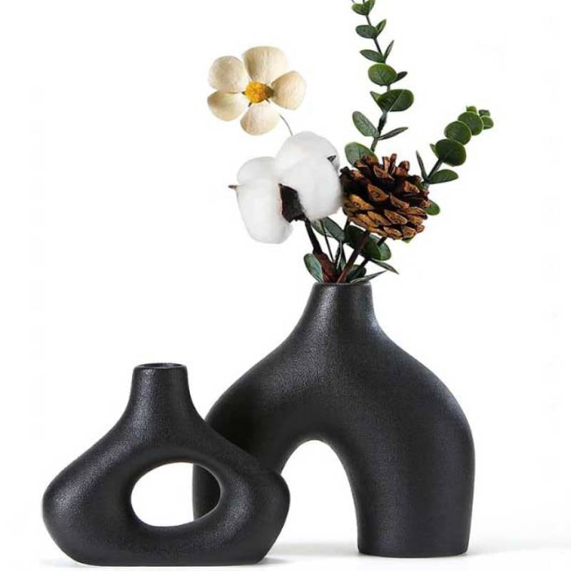 2個セット] VeroMan フラワーベース ブラック セラミック 花瓶