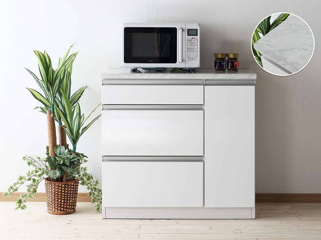 大理石調キッチンカウンター(引出しタイプ) ラミ 幅89.3 ホワイト 食器