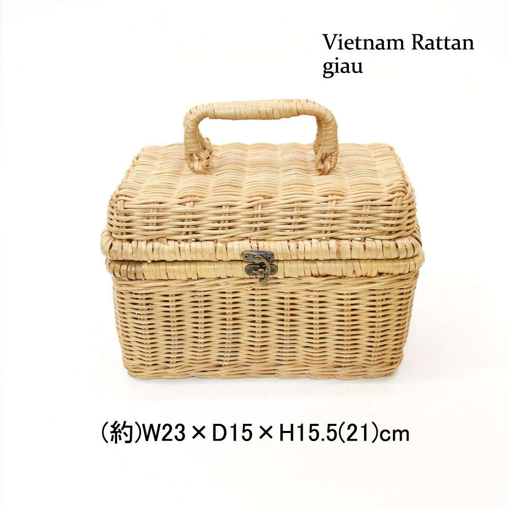 ラタン製 ツールバスケット 蓋付き ピクニック 四角 籐籠