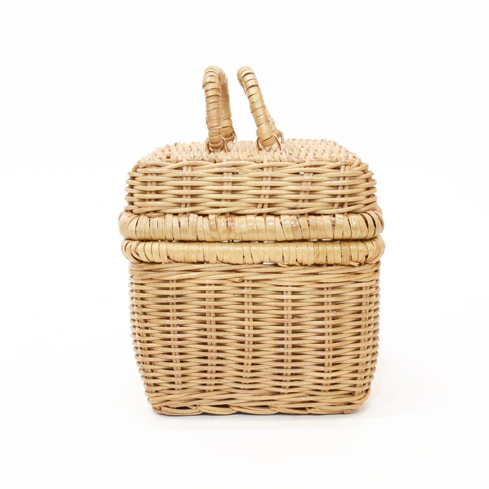 ラタン製 ツールバスケット 蓋付き ピクニック 四角 籐籠