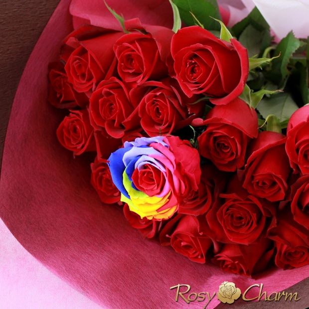 レインボーローズ＆赤いバラの花束 ｜虹色のバラと赤薔薇 花束【11本