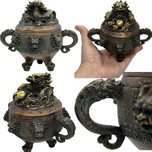 銅製龍香炉 九転乾坤銅色【小】 取っ手付き【送料無料】（沖縄700円