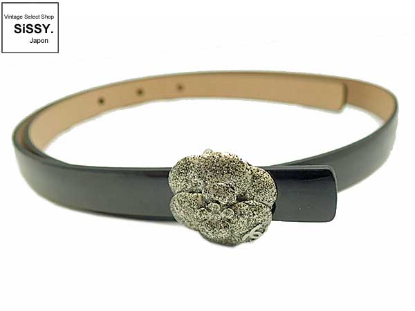 CHANEL シャネル カメリア ベルト エナメル パテント ブラック B13P