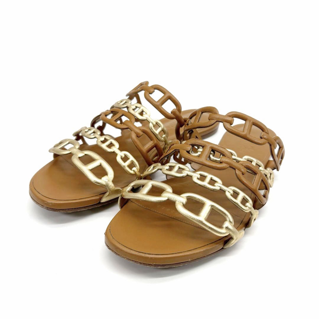 HERMES エルメス サンダル タラサ シェーヌダンクル メタリックレザー