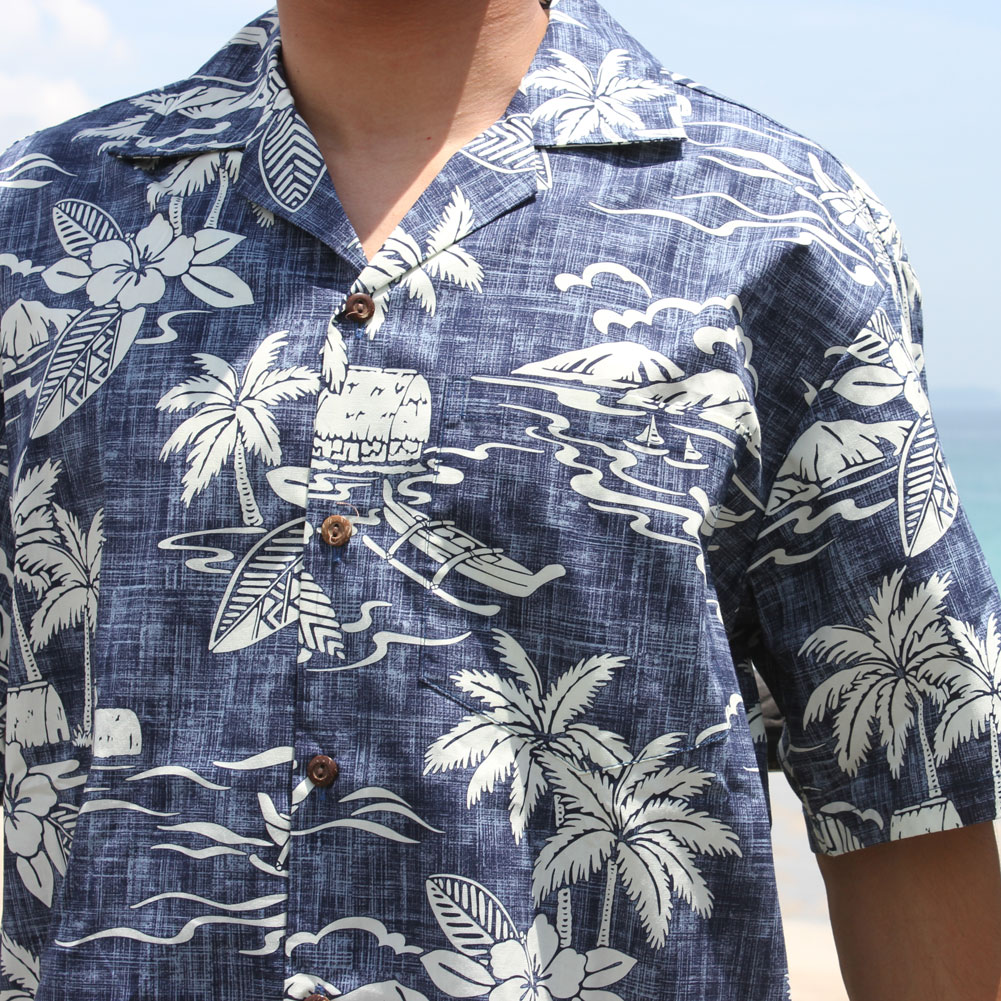 メンズ アロハ シャツ ヤシの木 ハイビスカス柄 ハワイ製 コットン 綿