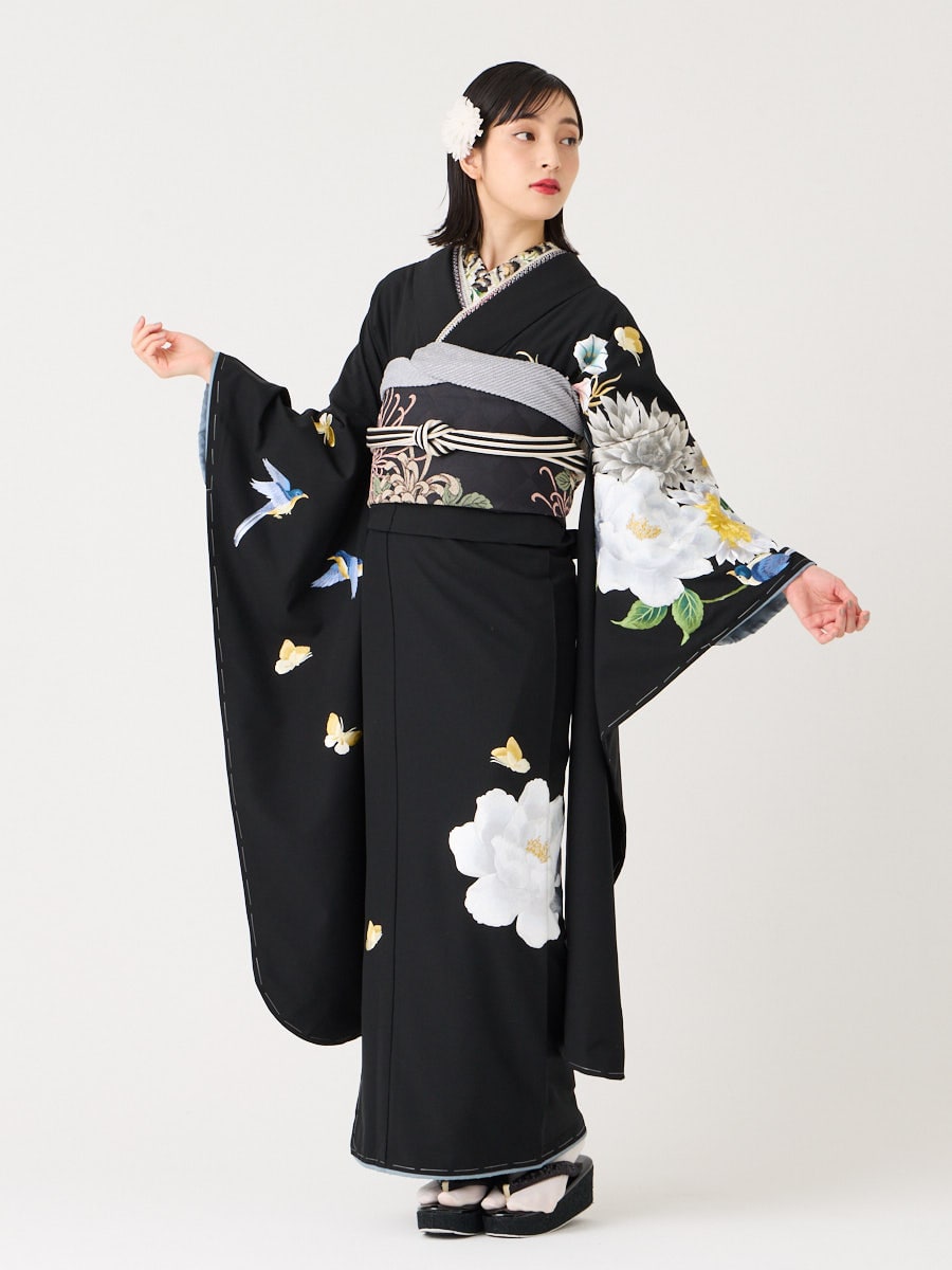 残りわずか】振袖単品「 鳥蝶牡丹 」(FREE ブラック): ふりふ ｜ミマツ